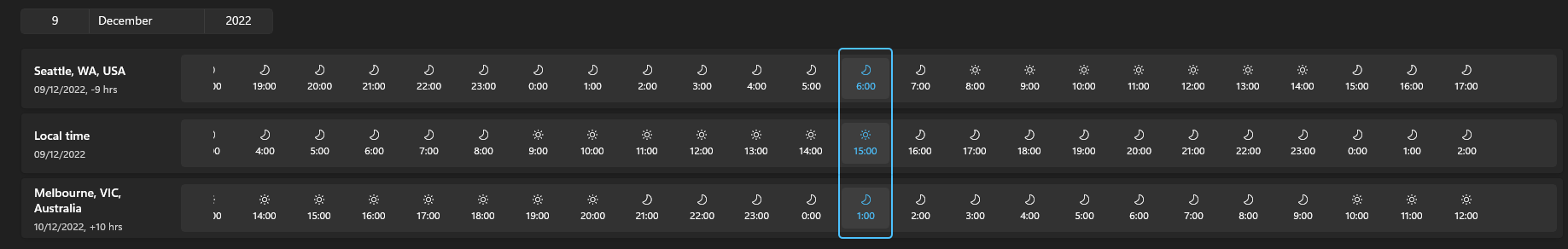 Comparing 3 different times: Seattle, local time (Zürich) and Melbourne in the Clock App